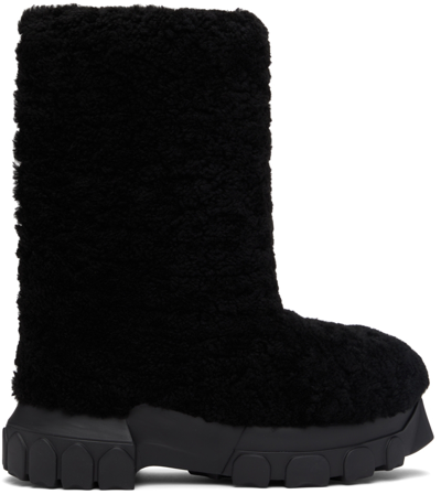 Rick Owens Black Shearling Lunar Tractor Boots In 99 Black/black