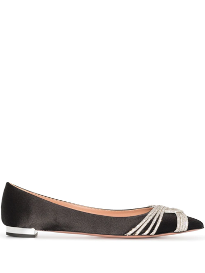 Aquazzura Gatsby Crystal-embellished Satin Point-toe Flats In Black