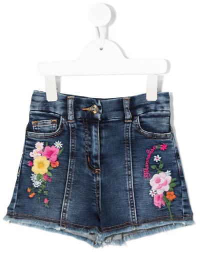 Monnalisa Kids Blue Floral-embroidered Denim Shorts In Blu Stone Denim