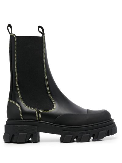 Ganni Elasticated-ankle Ridged-sole Boots In Black