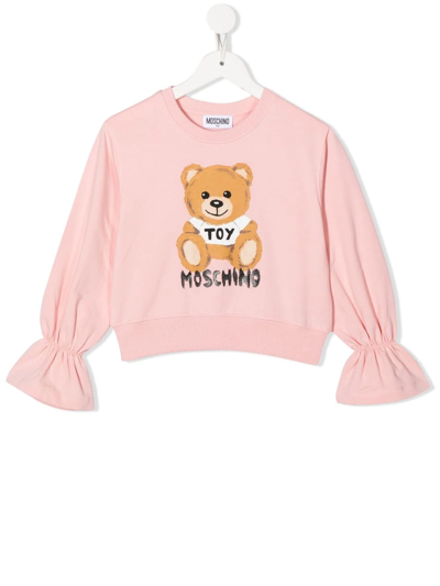 Moschino Kids' Logo-print Flared-cuff T-shirt In Pink
