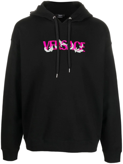 Versace Baroque Embroidered Cotton Logo Hoodie In Black