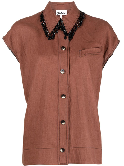 Ganni Crystal-collar Sleeveless Hemp Shirt In Brown