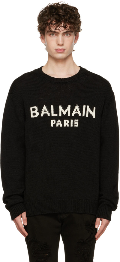 Balmain Logo Intarsia Crew Neck Jumper In Black White
