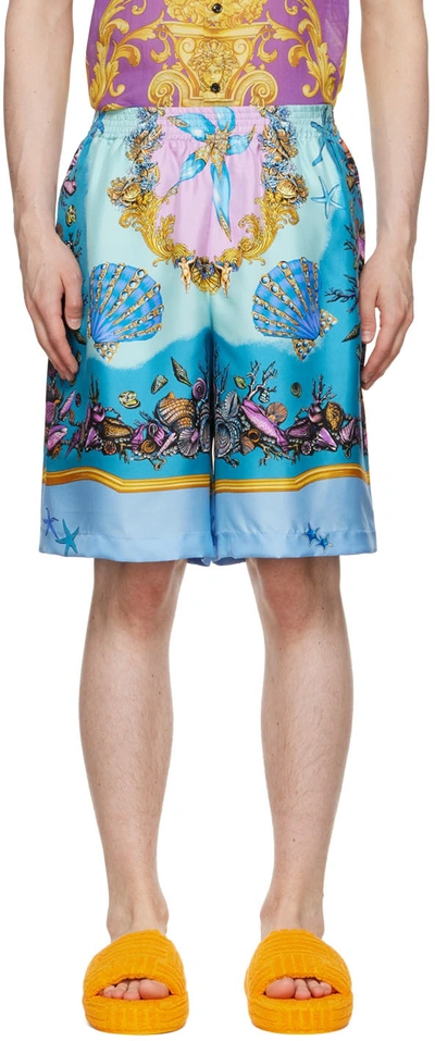 Versace Trã©sor De La Mer Silk Shorts, Male, Print, 60 In Azzurro Blu Multicolor