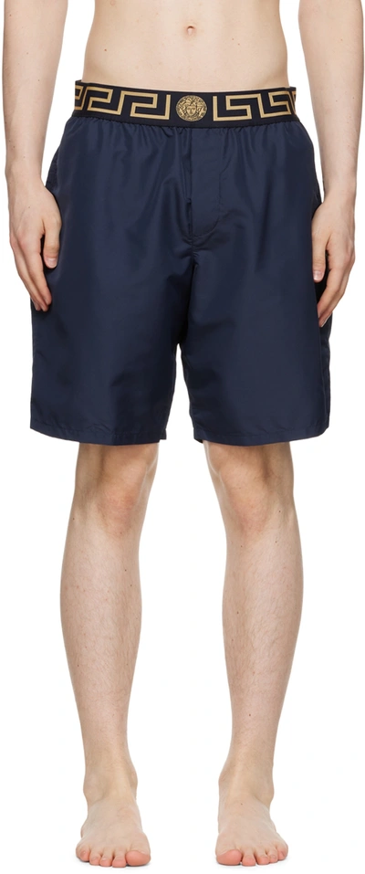 Versace Navy Mid-length Greca Border Swim Shorts In Blue