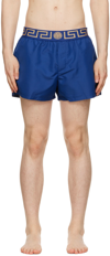 Versace Blue Swim Shorts With Elastic Waist With Greca Motif In Tech Fabric Man