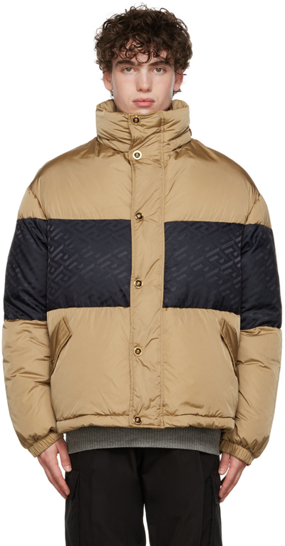 Versace La Greca Down Puffer Jacket In Beige