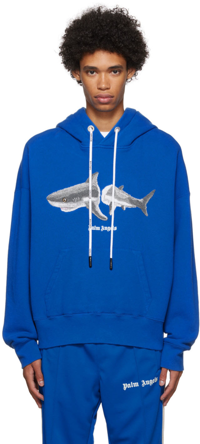 Palm Angels Shark Embroidery Cotton Hoodie In Blue