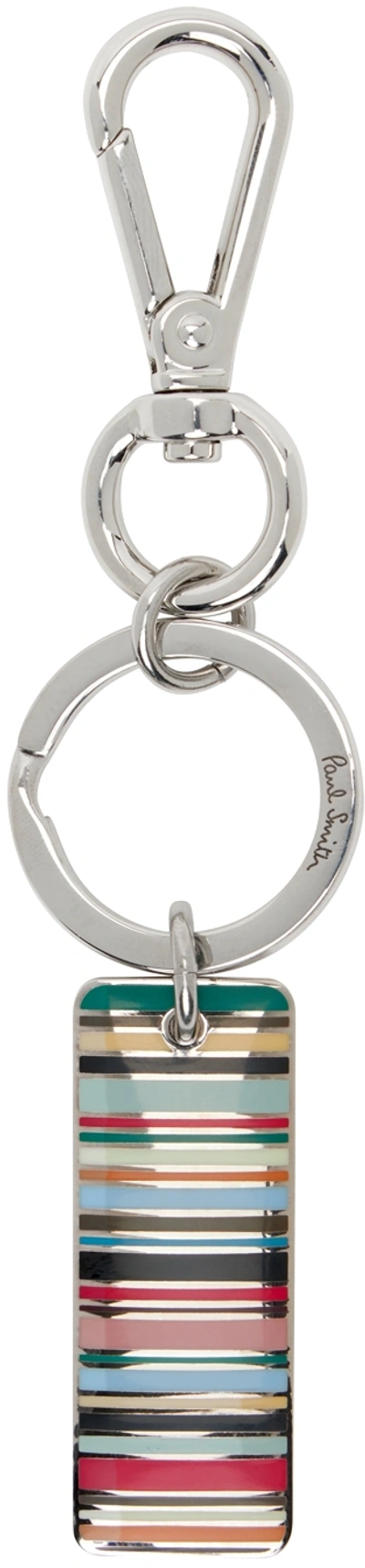 Paul Smith Logo Engraved Striped Keyring In Multicolour