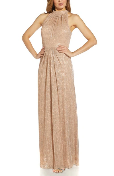 Adrianna Papell Women's Halter Pleated Metallic Gown In Champagne Gold