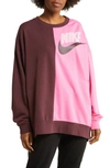 Nike Sportswear Oversize Colorblock Crewneck Sweatshirt In Burgundy Crush/ Pinksicle