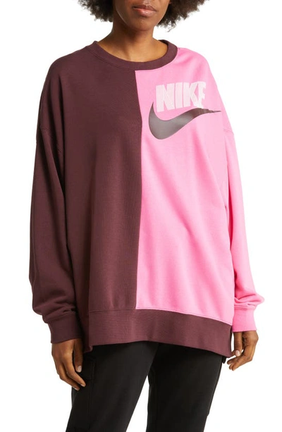 Nike Sportswear Oversize Colorblock Crewneck Sweatshirt In Burgundy Crush/ Pinksicle