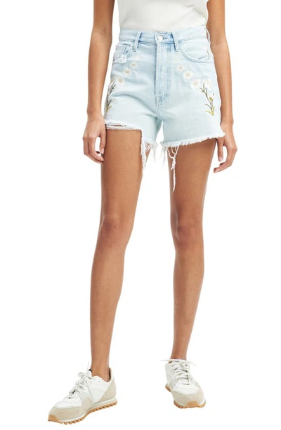 7 For All Mankind Easy Ruby Floral Embroidered High Waist Relaxed Cutoff Denim Shorts In Blue