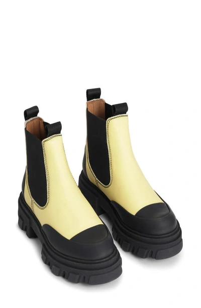 Ganni Double Tab Lug Sole Leather Chelsea Boots In Yellow