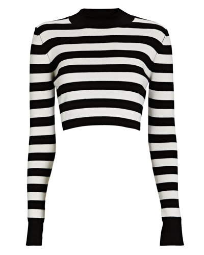 Monse Cropped Open-back Leather-trimmed Striped Merino Wool-blend Top In Blk/wht