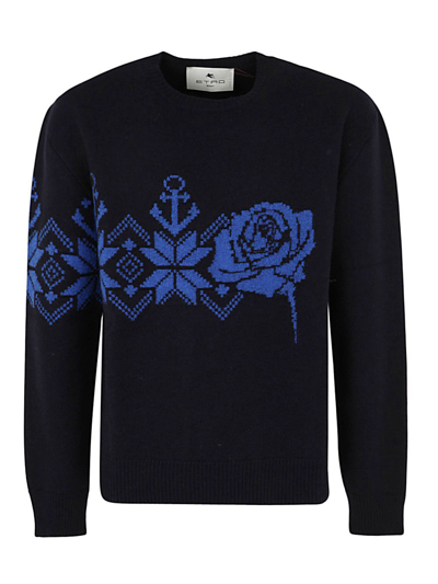 Etro Paisley Print Round Neck Pullover In Blue