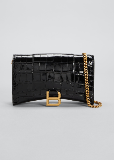 Balenciaga Hourglass Shiny Mock-croc Chain Wallet In Black