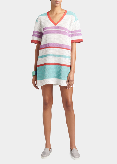 Giorgio Armani Striped Crochet Mini T-shirt Dress In Multi