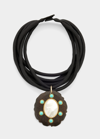 GRAZIA AND MARICA VOZZA EBONY CIRCLE CHARM WITH MOTHER-OF-PEARL AND TURQUOISE ON SILK CORD NECKLACE