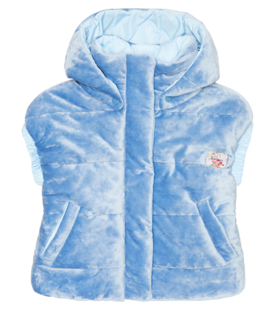 Monnalisa Kids' Velour Logo-patch Vest In Celeste