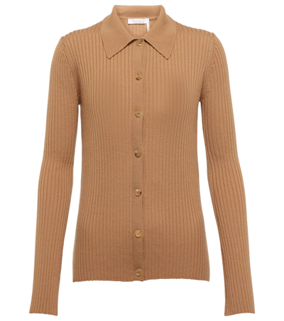 Chloé Ribbed-knit Wool And Cashmere Cardigan In Worn Brown