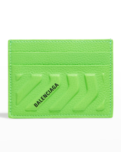 Balenciaga Men's Embossed Leather Logo Card Holder In Acid Green