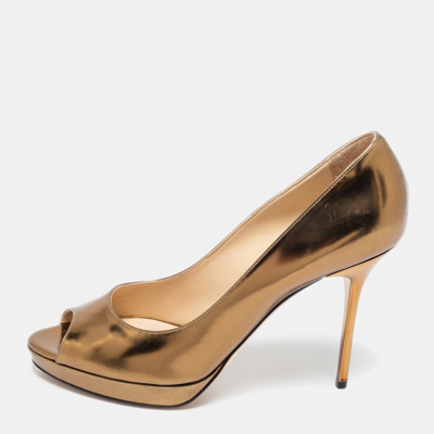 Pre-owned Jimmy Choo Gold Leather Luna Peep Toe Pumps Size 39