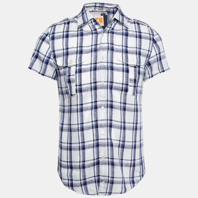 Pre-owned Boss Orange By Hugo Boss White And Blue Check Print Linen Short Sleeves Shirt S