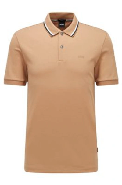 Hugo Boss Slim-fit Polo Shirt In Cotton With Striped Collar In Brown