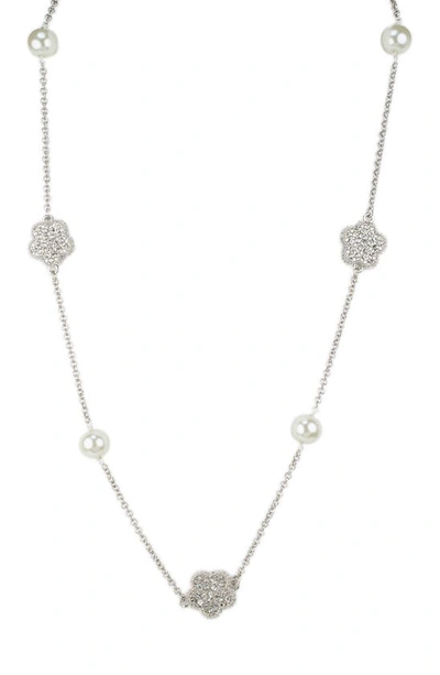 Jardin Crystal Pavé Imitation Pearl Station Necklace In White/ Clear/ Silver
