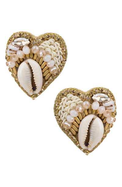 Jardin Shell Beaded Heart Shaped Stud Earrings In White/ Gold