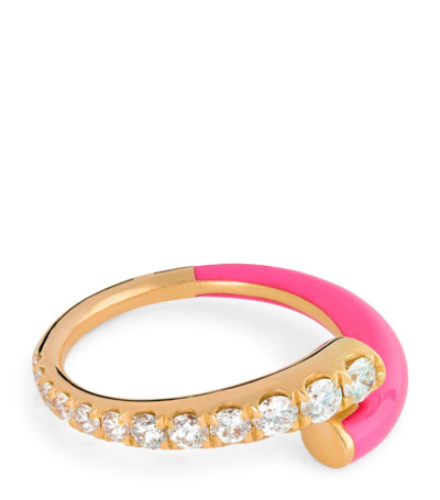 Melissa Kaye Lola 18ct Yellow-gold, 0.29ct Brilliant-cut Diamond And Enamel Ring In 18k Yg Neon Pink