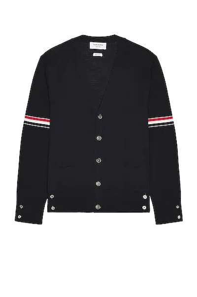 Thom Browne Stripe Armbands Merino Wool Cardigan In 415 Navy