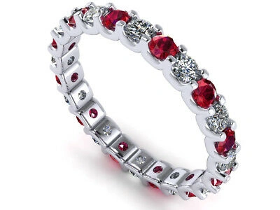 Pre-owned Jewelwesell 1.40ct Round Ruby Diamond U-prong Eternity Band Ring 14k White Gold Aaaa F Vs2