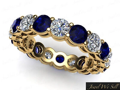 Pre-owned Jewelwesell 3.80ct Round Sapphire Diamond Gallery Shared Eternity Band Ring 14k Aaaa F Vs2
