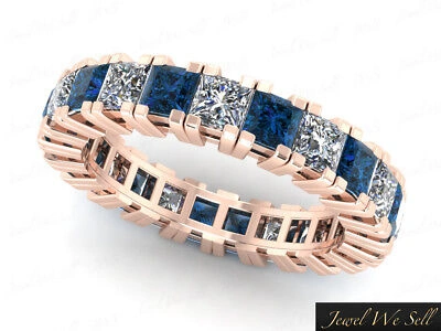 Pre-owned Jewelwesell 3.40ct Princess Blue Diamond Gallery Eternity Band Ring 14k Rose Gold I1 I Si2