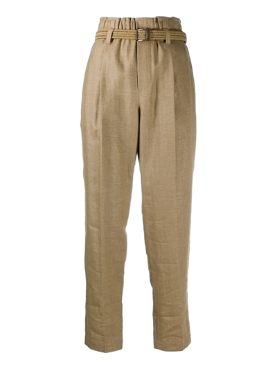 Brunello Cucinelli Cropped Linen Straight-leg Belted Pants In Brown