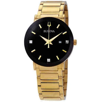 Pre-owned Bulova Diamond Black Dial Yellow Gold-tone Men's Watch 97d116