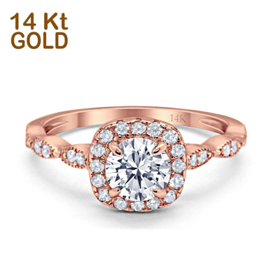 Pre-owned Emerald 14k Rose Gold Round Art Deco Bridal Simulated Cz Wedding Engagement Ring In Pink