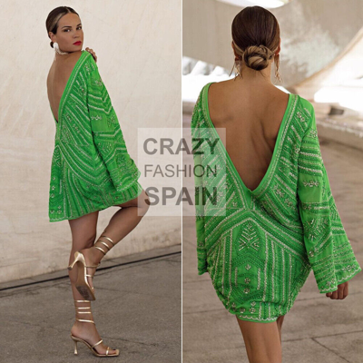 green emerald velvet dress Green Wool Chore Dress with Flutter Sleeve & Patch Pockets - XL