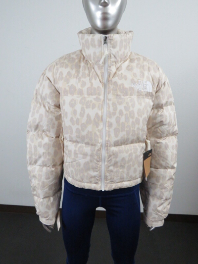 Pre-owned The North Face Womens  Printed Nuptse Short Crop 700-down Jacket - Grey Leopard In Silver Grey Leopard Print