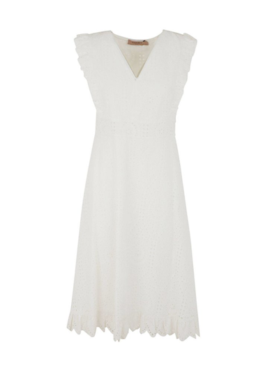 Twinset Broderie-anglaise Cotton Midi Dress In White