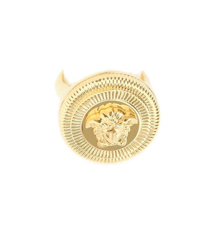 Versace Medusa Biggie Logo Engraved Ring In Giallo