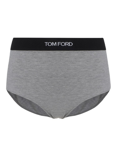 Tom Ford High Waist Logo Waistband Briefs In Grey