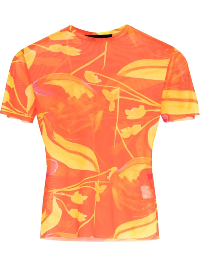Louisa Ballou Orange Floral Print Mesh Beach T-shirt