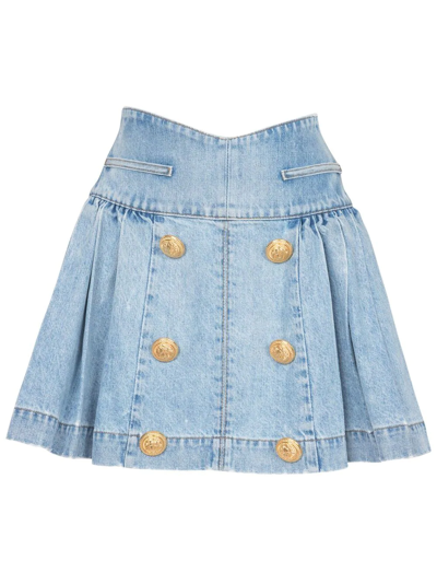 Balmain Embellished Distressed Pleated Denim Mini Skirt In Blue