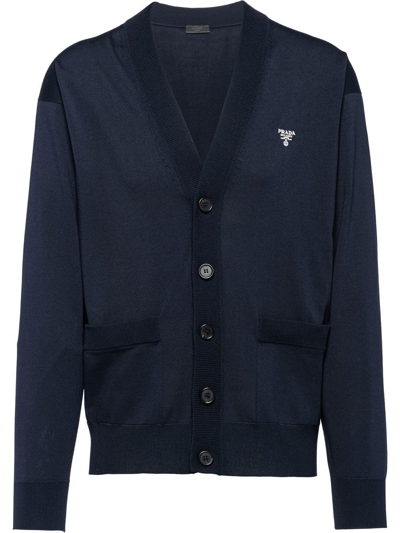 Prada V-neck Silk Cardigan In Navy