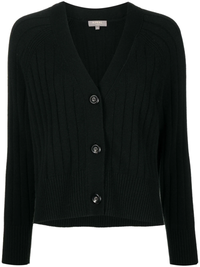 N.peal V-neck Ribbed-knit Cardigan In Black