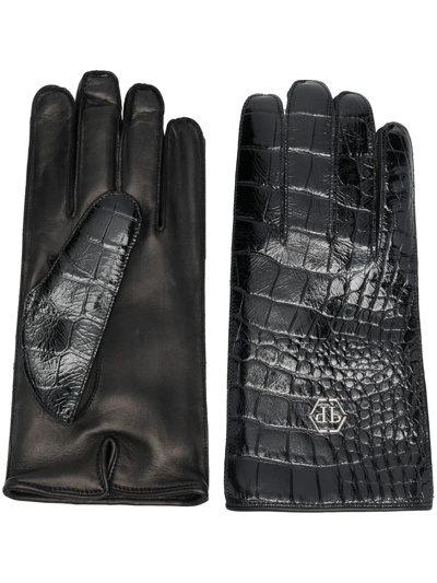 Philipp Plein Crocodile-effect Leather Gloves In Schwarz